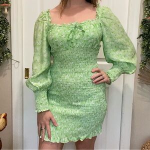 Faithfull the Brand Green Floral Long Sleeve Mini Dress Size Medium NWT